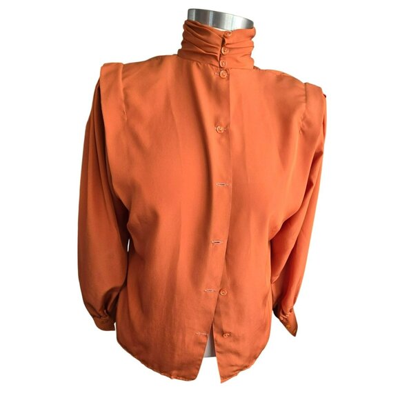 Vintage San Andre Blouse Orange High Collar & Shoulder Pads Scarf Neck 6P HS158 - Picture 6 of 10